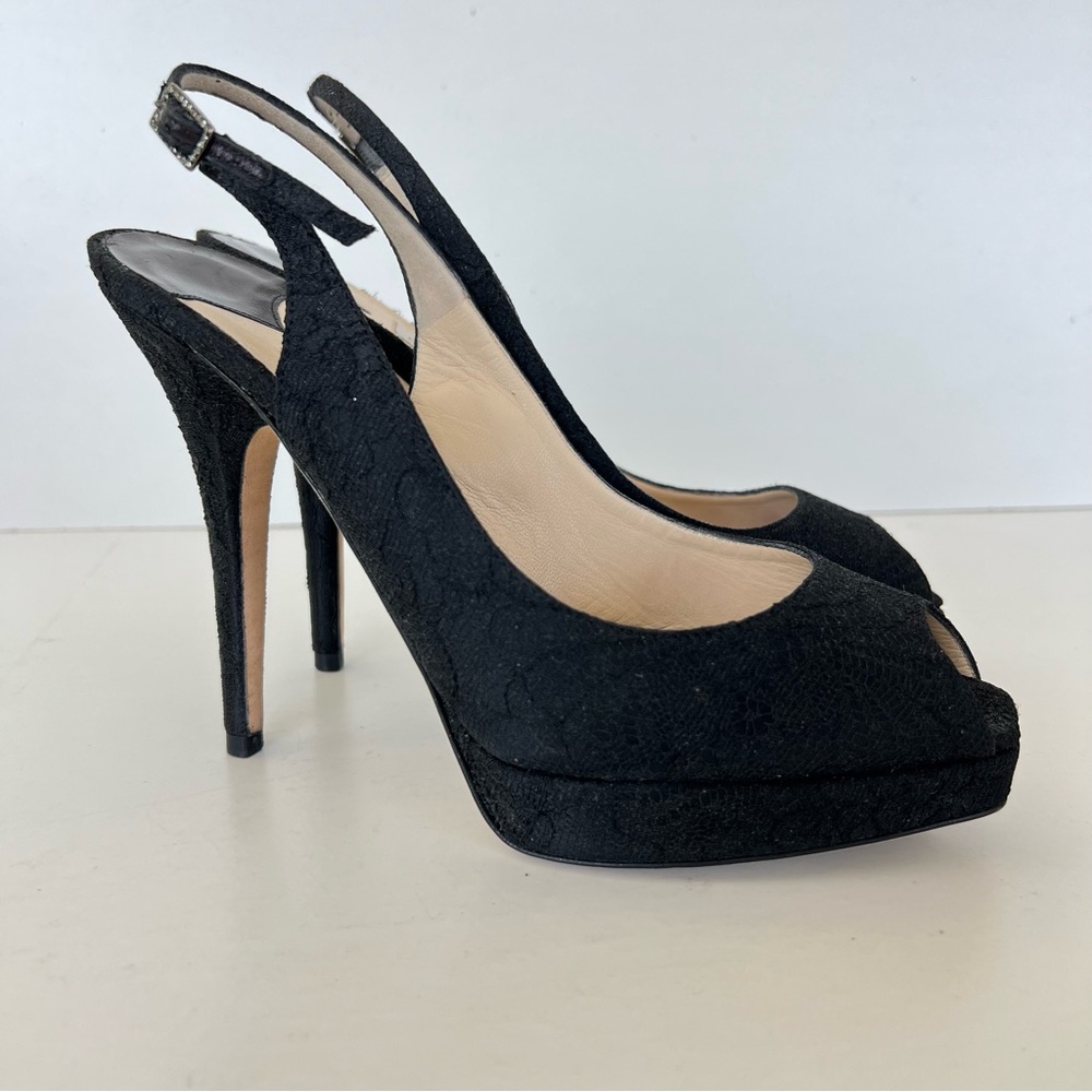 JIMMY CHOO Black Textured Fabric Lace Side Buckle Peep Toe Heel Sandals Sz 37.5 - Picture 11 of 11